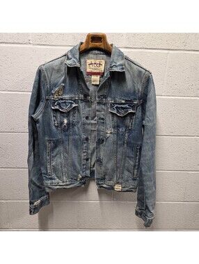 Vintage Abercrombie & Fitch Y2K Distressed Denim Trucker Jacket Mens L 22x27